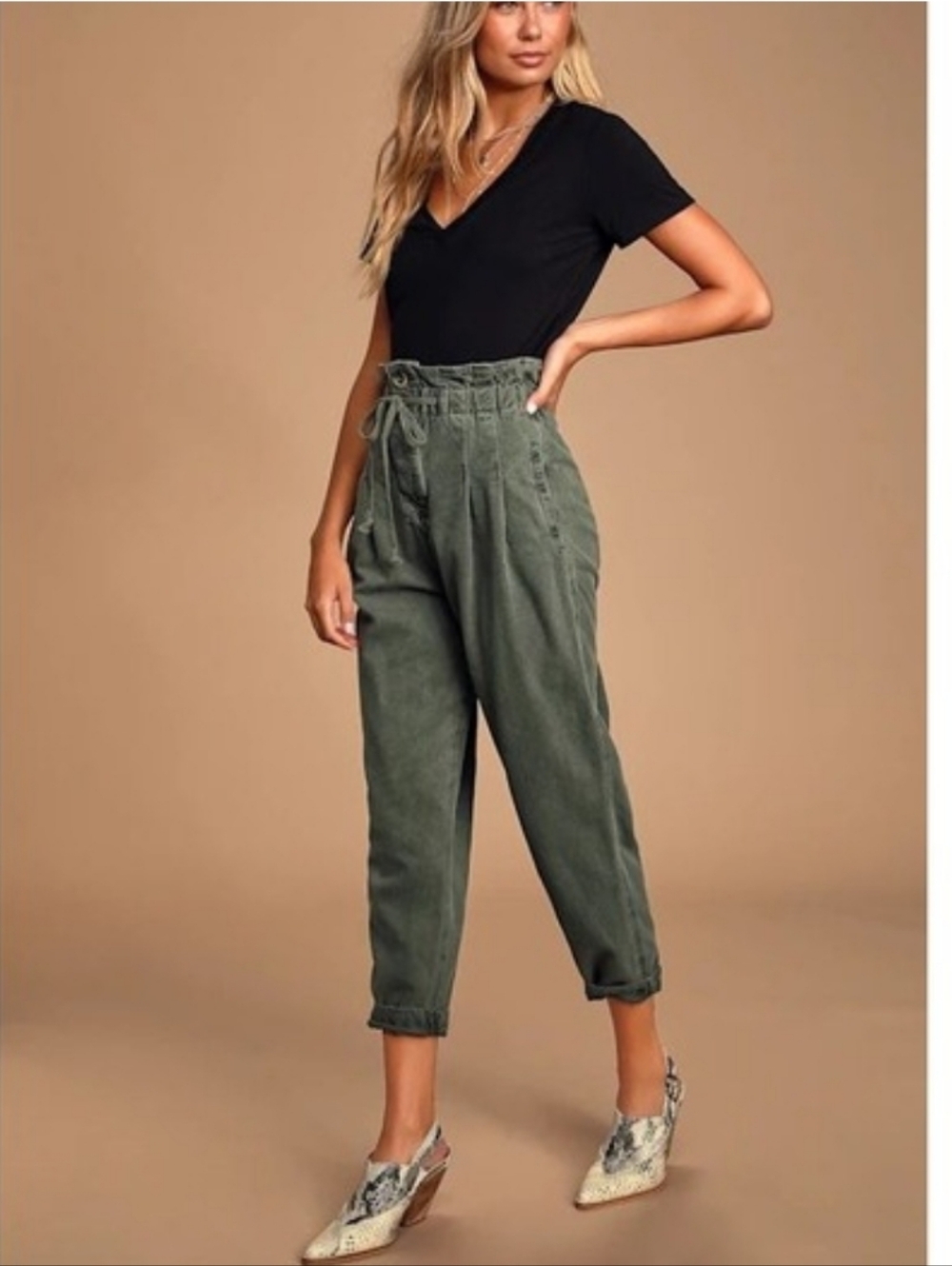 Free People Olive Green Paperbag Waist Pleated Pants